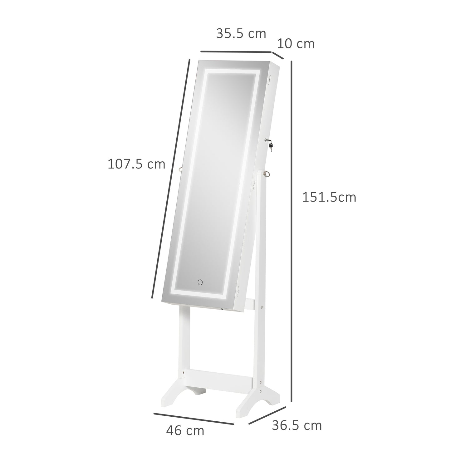Jewellery Cabinet With LED Light, Lockable Jewellery Organiser With Full-Length Mirror For Bedroom Dressing Room, White